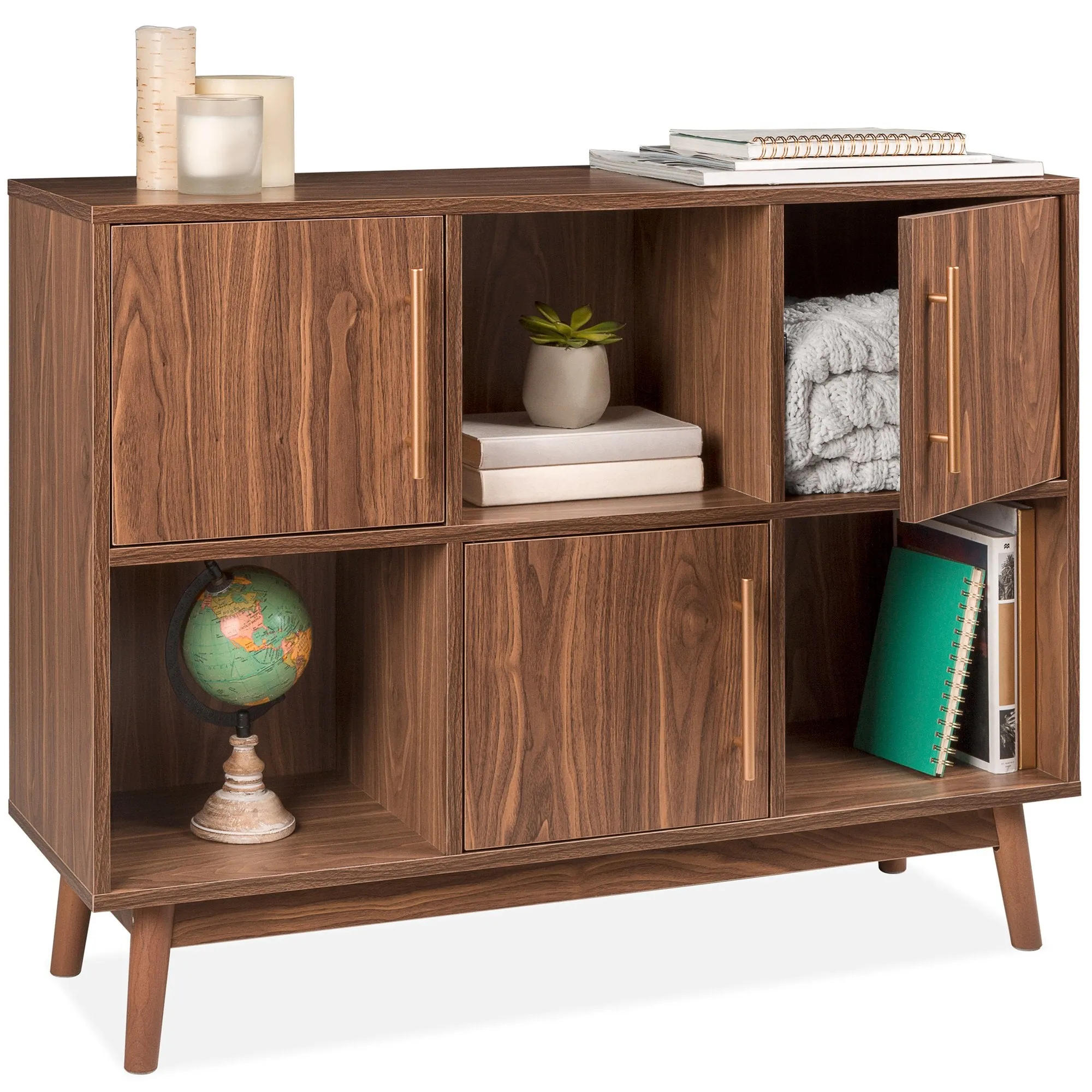 6-Shelf Mid-Century Modern Wood Entryway Storage Stand w/ Cabinet Doors