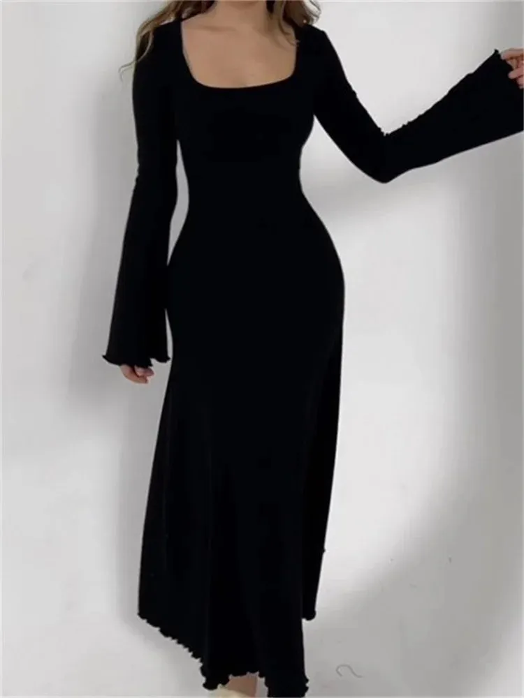 Amy Fashion - Elegant Women Ribbed   Sleeve Square Neck Solid Slim Fit Fall Party Vestido Streetwear