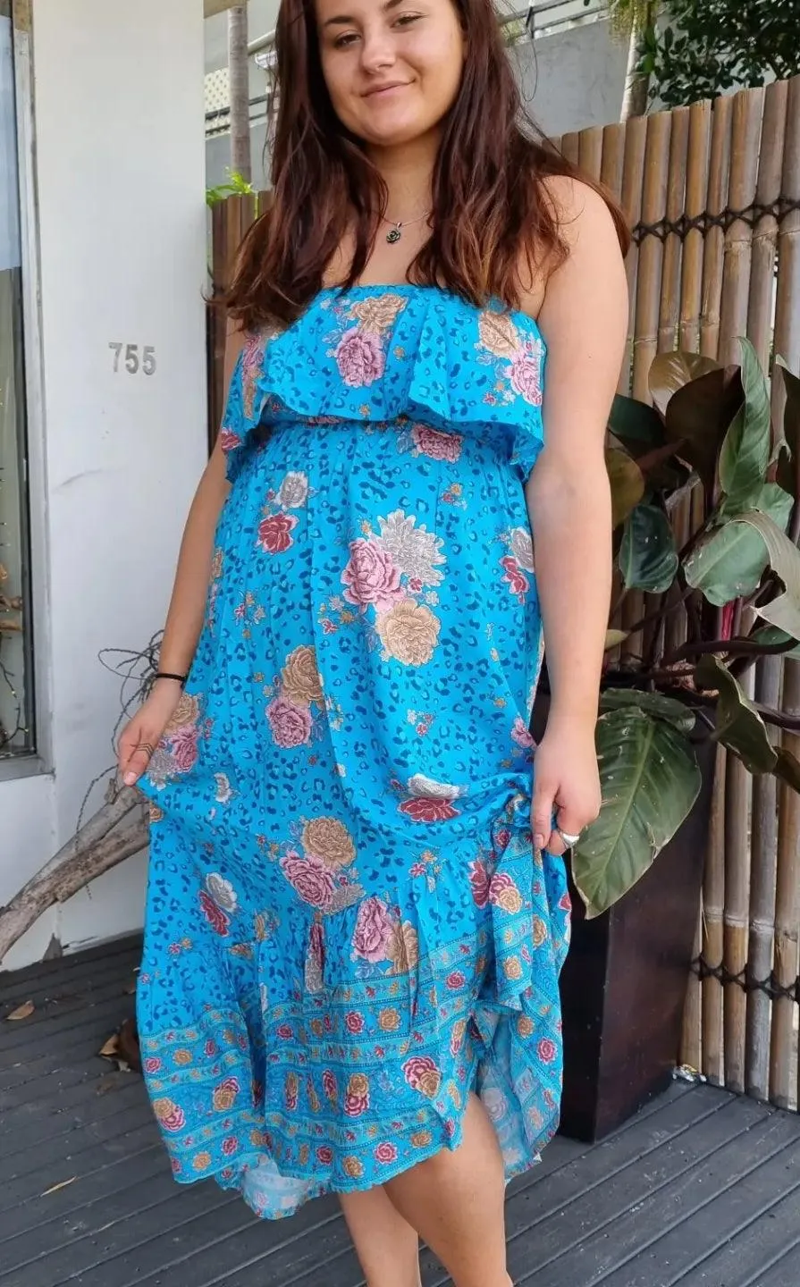 Aqua Floral Bandeau Maxi Dress 100 % Rayon