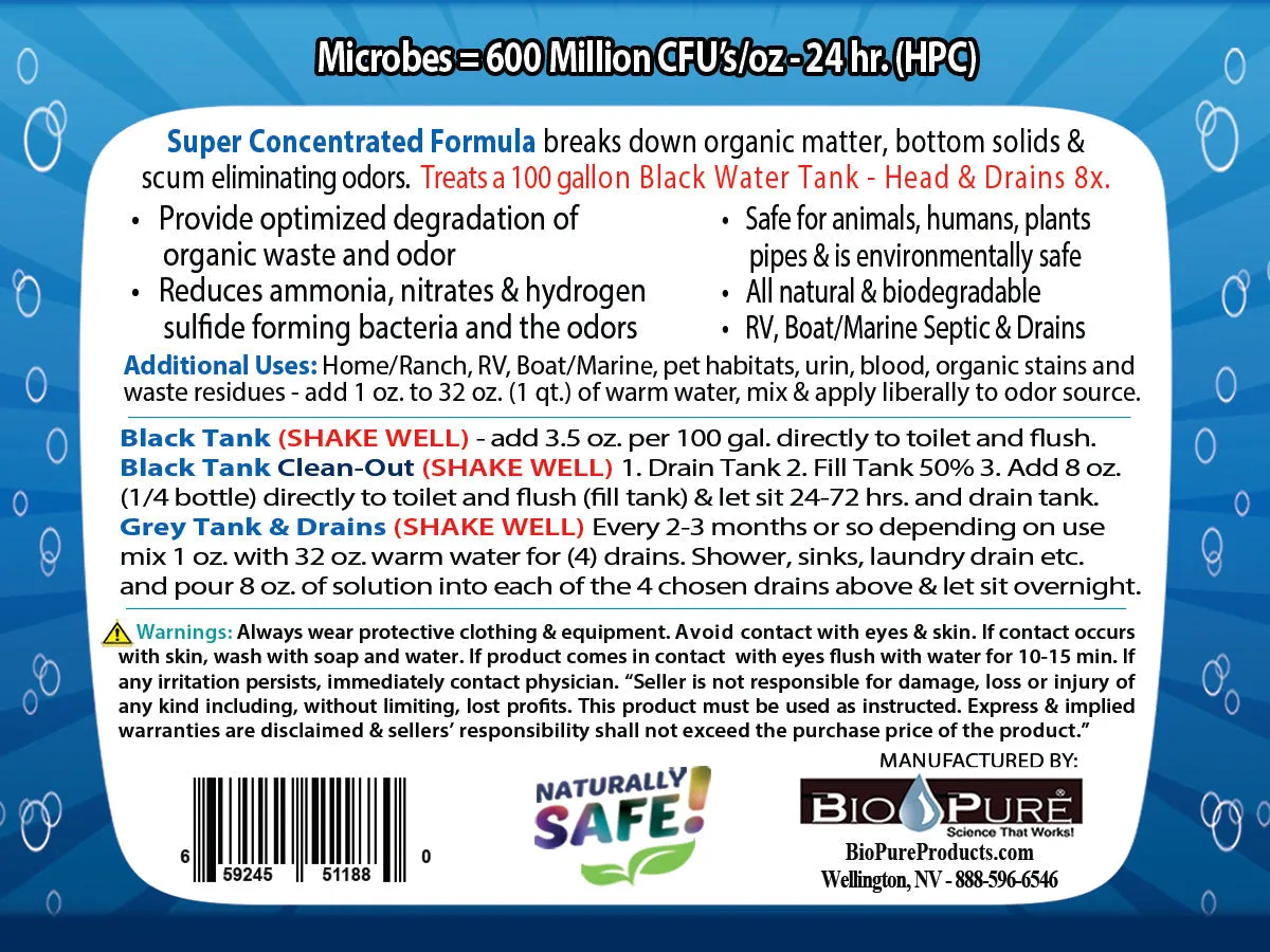 Bio-Pure Boat / Marine Septic Tank & Bilge CONCENTRATE 32 Oz. - 8 Treatments