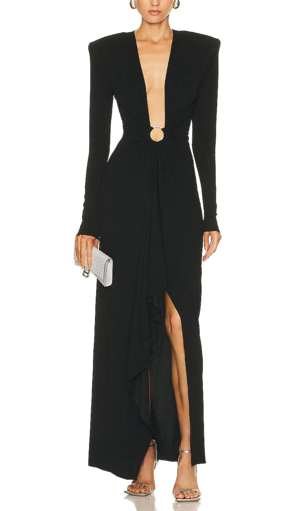 BLACK V NECK SPLIT THIGH MAXI DRESS