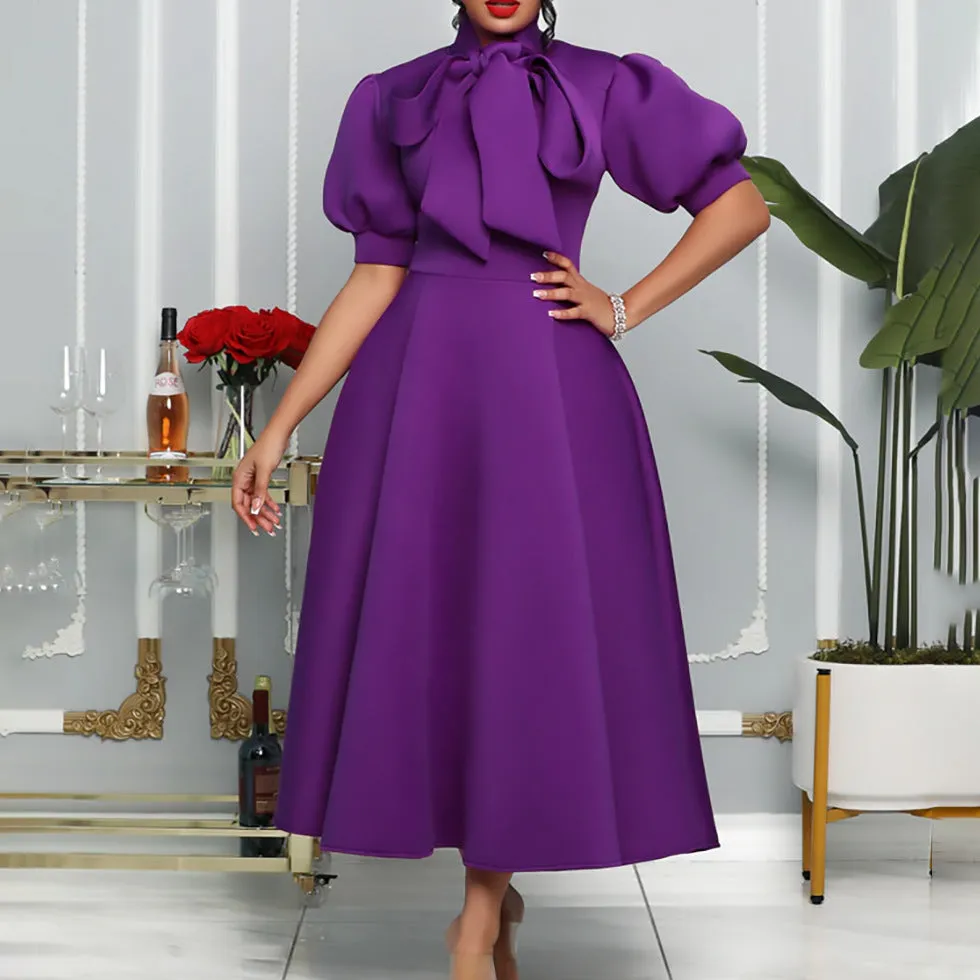 Bowknot Solid Color Puff Sleeve Swing Dress Wholesale Dresses