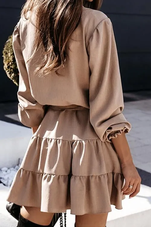 Button Layer Ruffles Long Sleeve Mini Dress