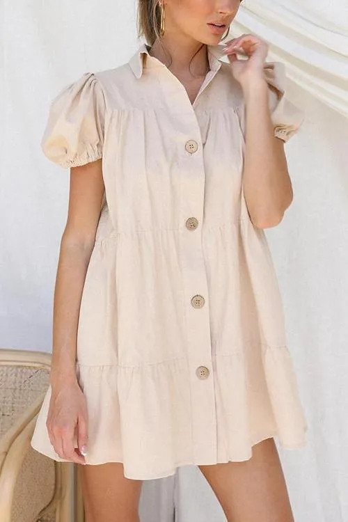 Button Puff Sleeve Mini Dress