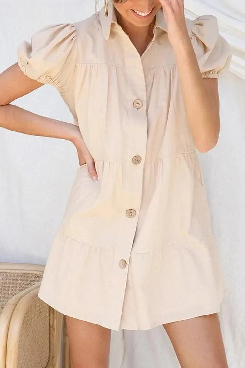 Button Puff Sleeve Mini Dress