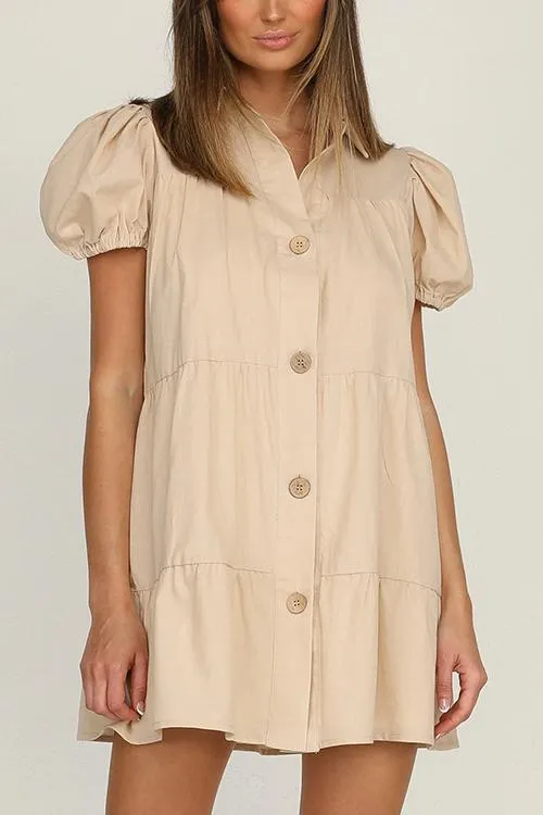 Button Puff Sleeve Mini Dress