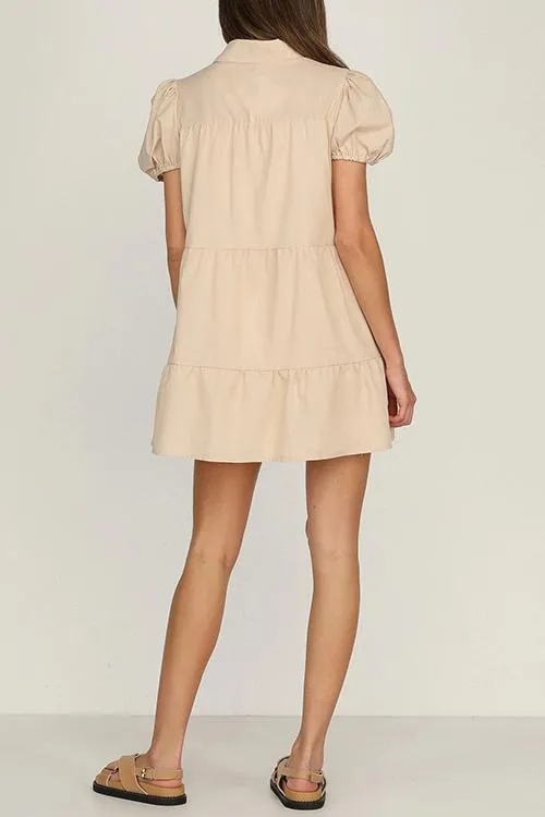 Button Puff Sleeve Mini Dress