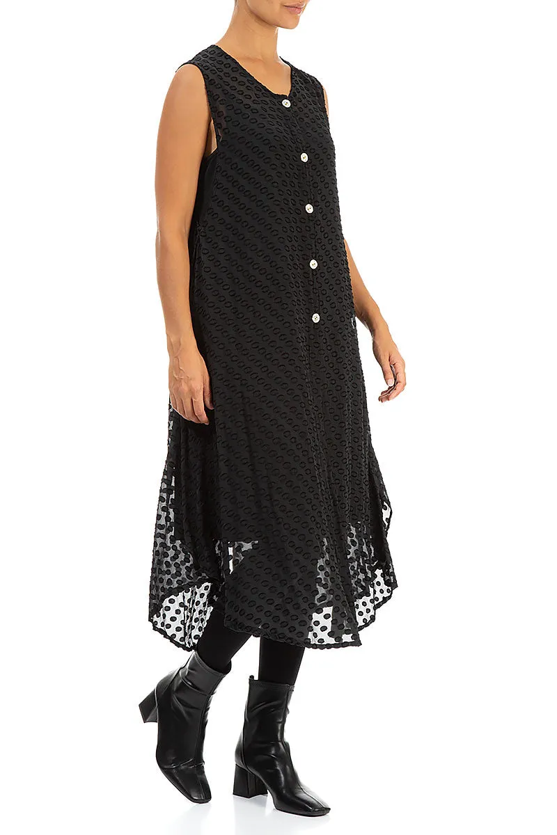 Buttoned Bubbly Pattern Black Silk Tunic Dress