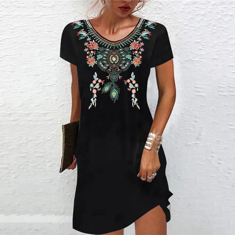 Casual Ethnic Style Print Dress Crew Neck Short Sleeve Wholesale Dresses