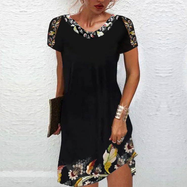 Casual Ethnic Style Print Dress Crew Neck Short Sleeve Wholesale Dresses