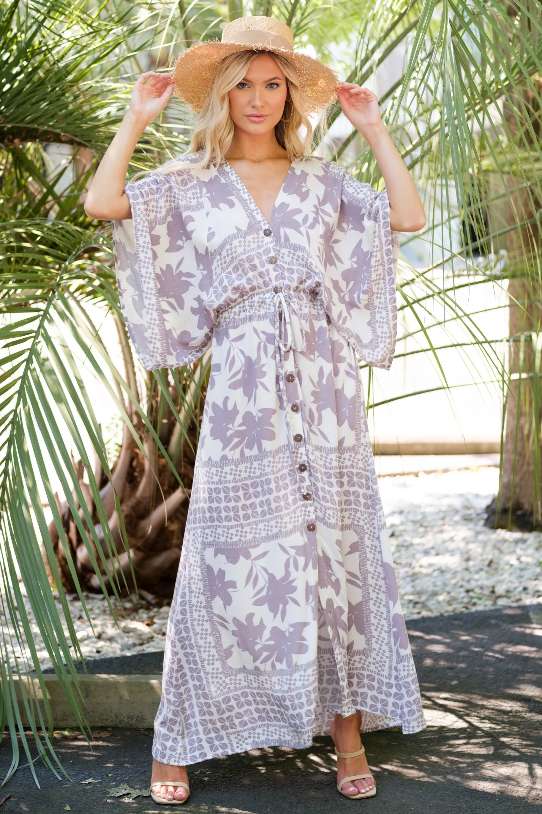 Coastal Outing Light Grey Print Maxi Dress