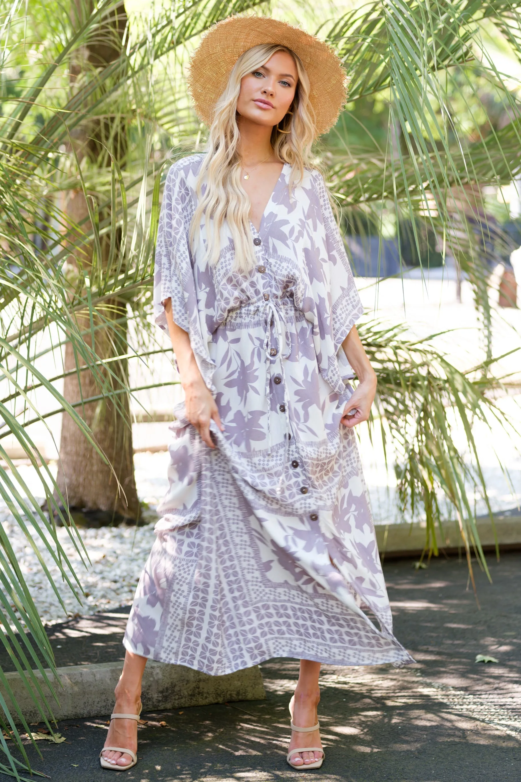 Coastal Outing Light Grey Print Maxi Dress