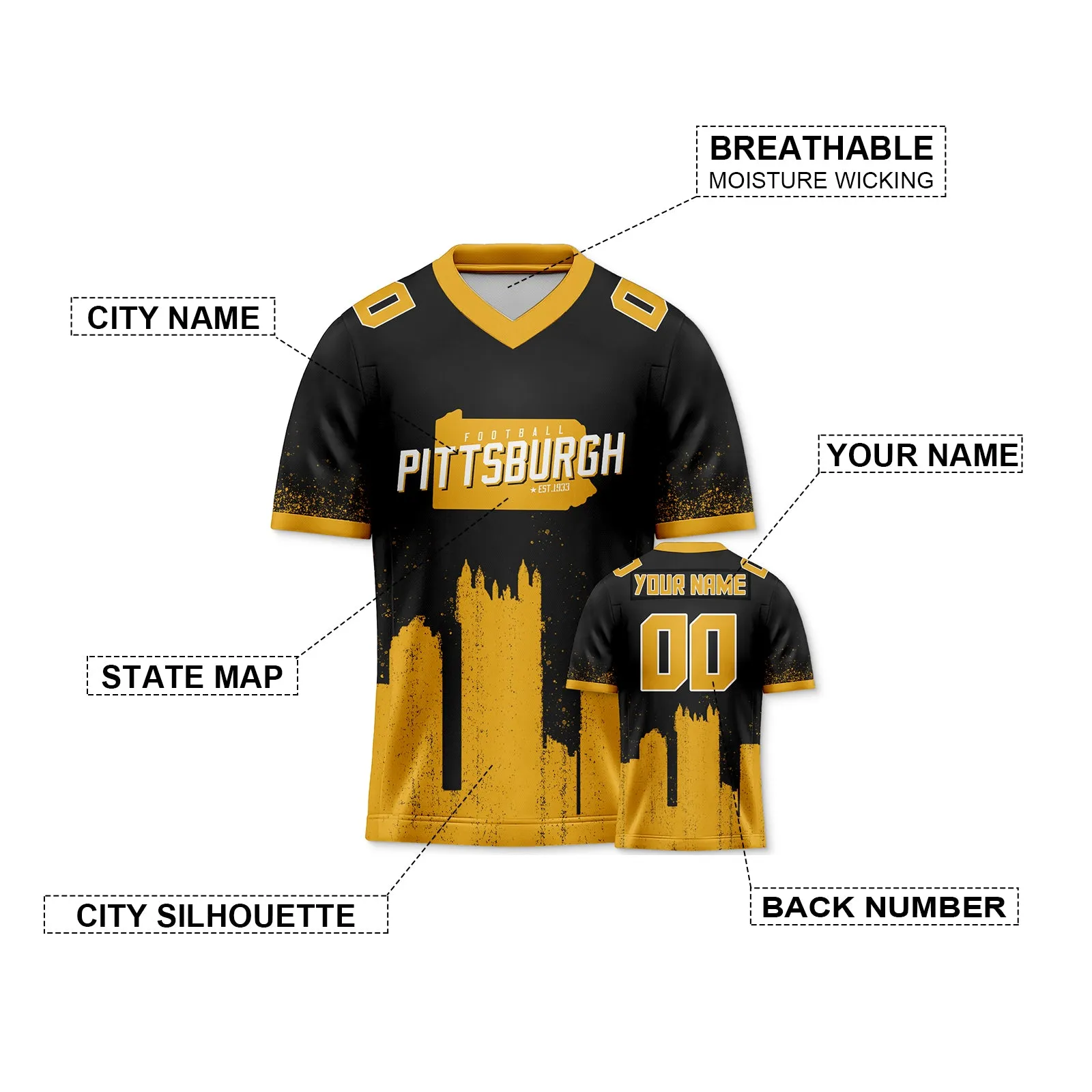 Custom Football Jersey Pittsburgh Steelers City Map Graffiti Shirt Unisex Personalized Name and Number for Men Women Youth Football Fans Gift