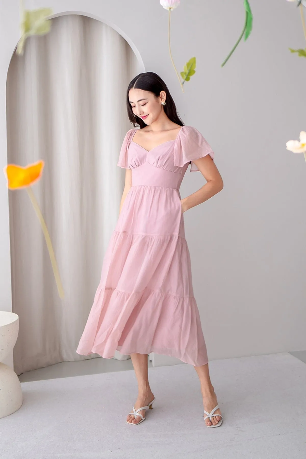 DANZEL FLUTTER SLEEVES MAXI DRESS IN PINK