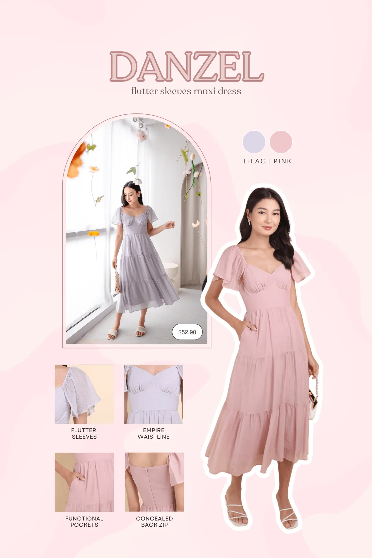 DANZEL FLUTTER SLEEVES MAXI DRESS IN PINK