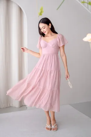 DANZEL FLUTTER SLEEVES MAXI DRESS IN PINK