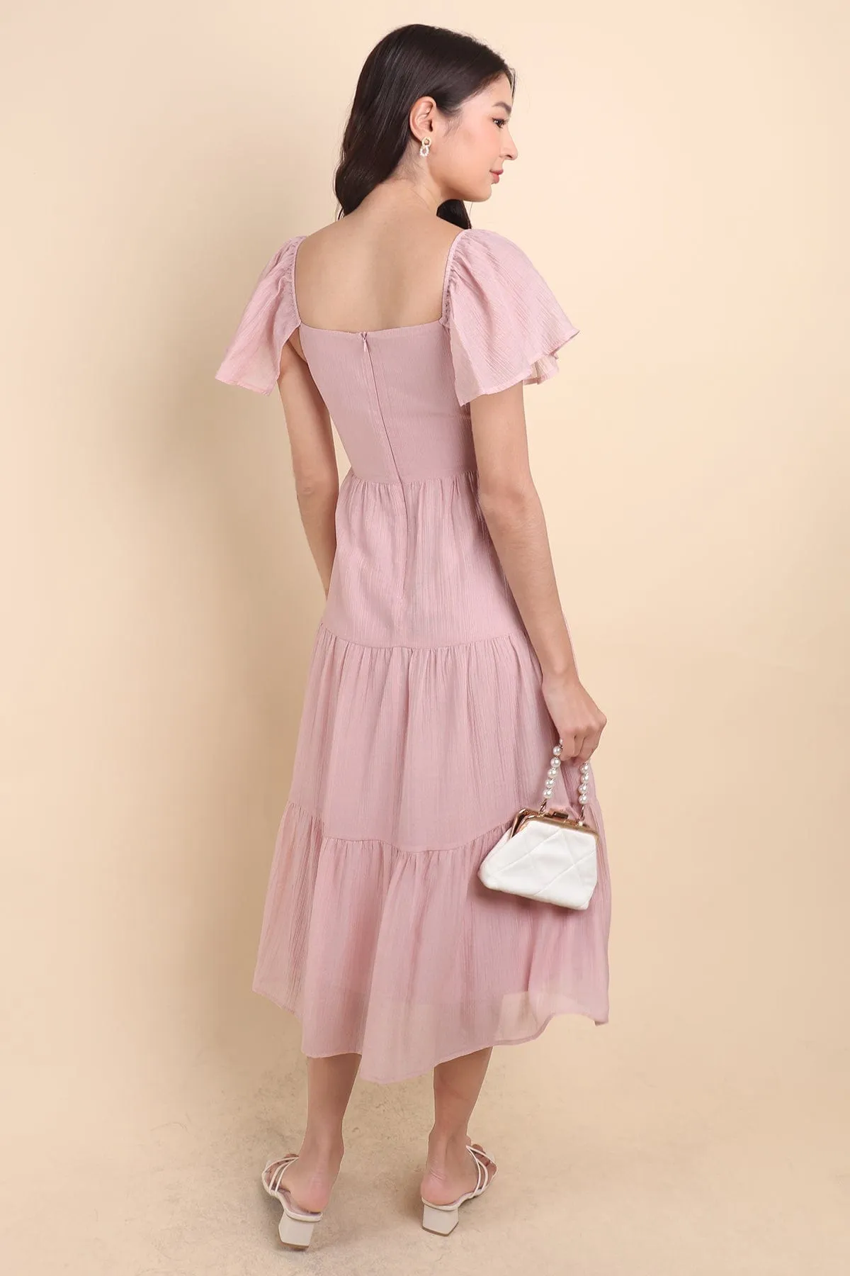 DANZEL FLUTTER SLEEVES MAXI DRESS IN PINK