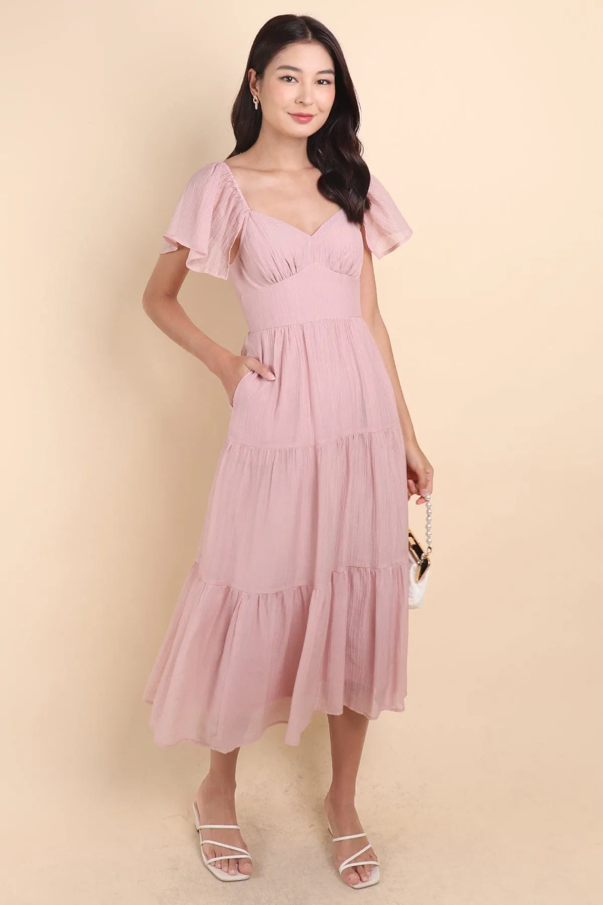 DANZEL FLUTTER SLEEVES MAXI DRESS IN PINK