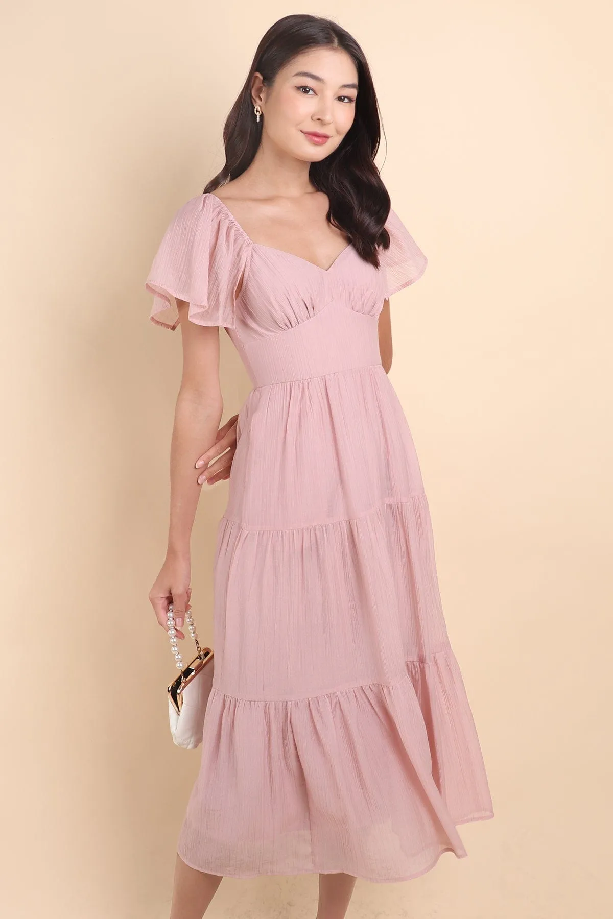 DANZEL FLUTTER SLEEVES MAXI DRESS IN PINK