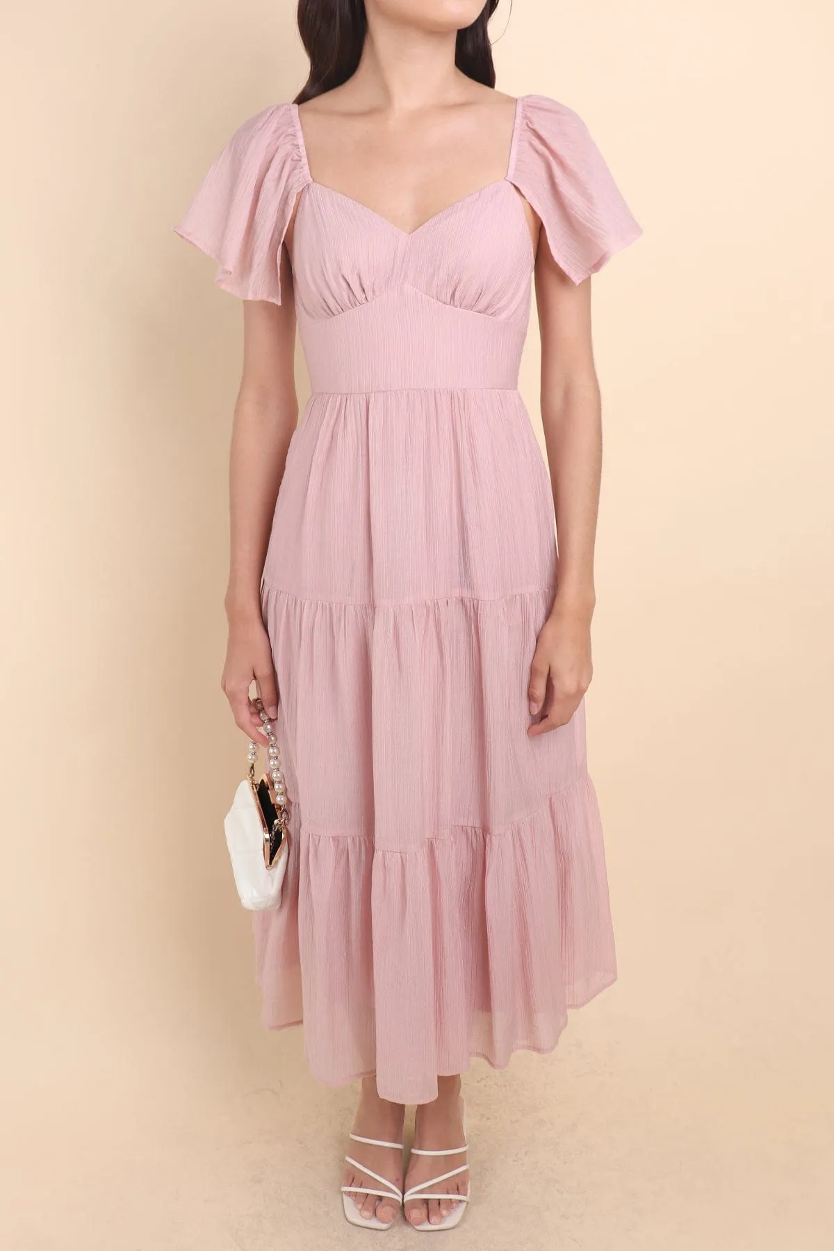 DANZEL FLUTTER SLEEVES MAXI DRESS IN PINK