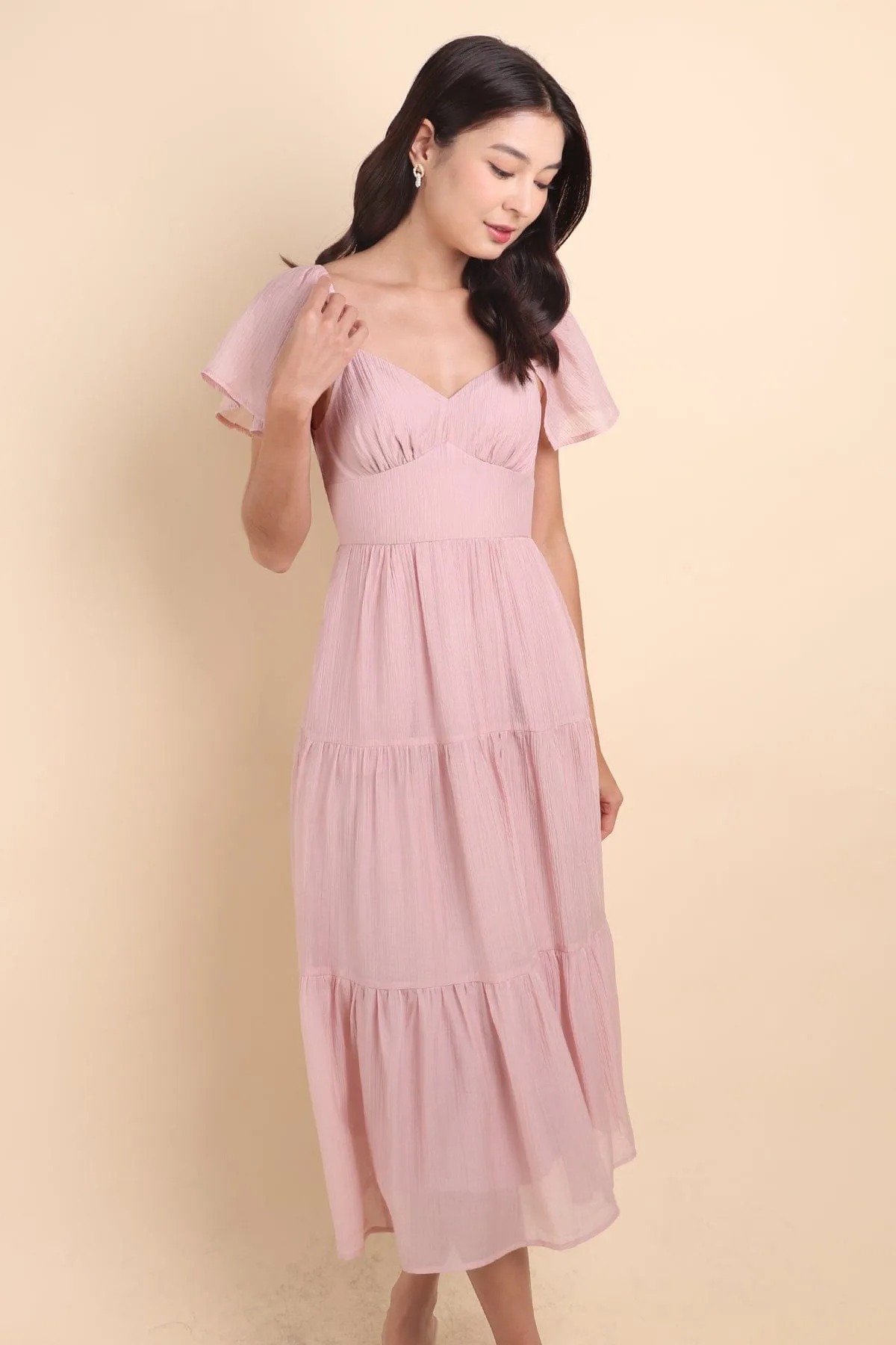 DANZEL FLUTTER SLEEVES MAXI DRESS IN PINK