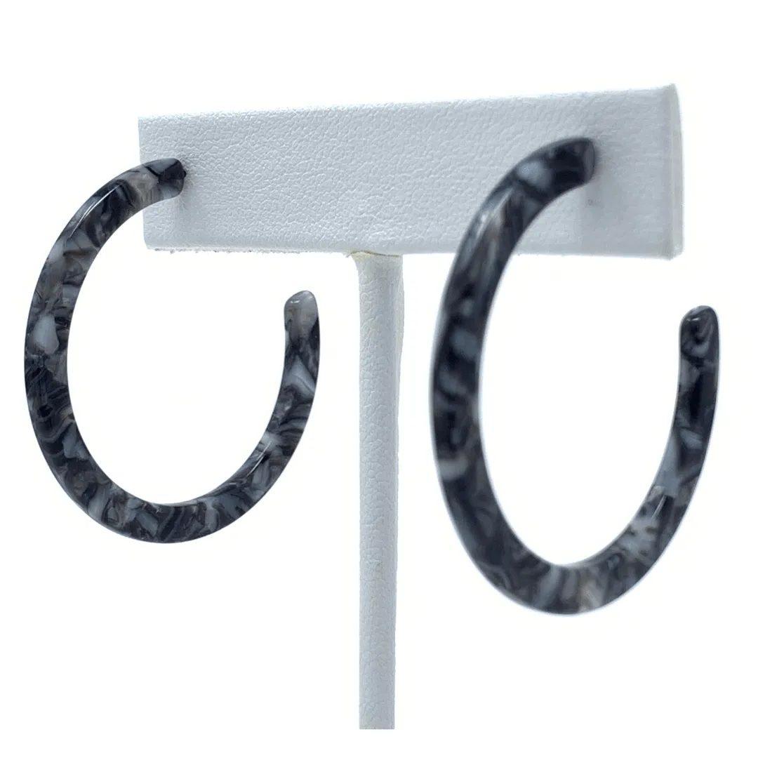 Dark Gray Marbled Resin Hoop Earrings