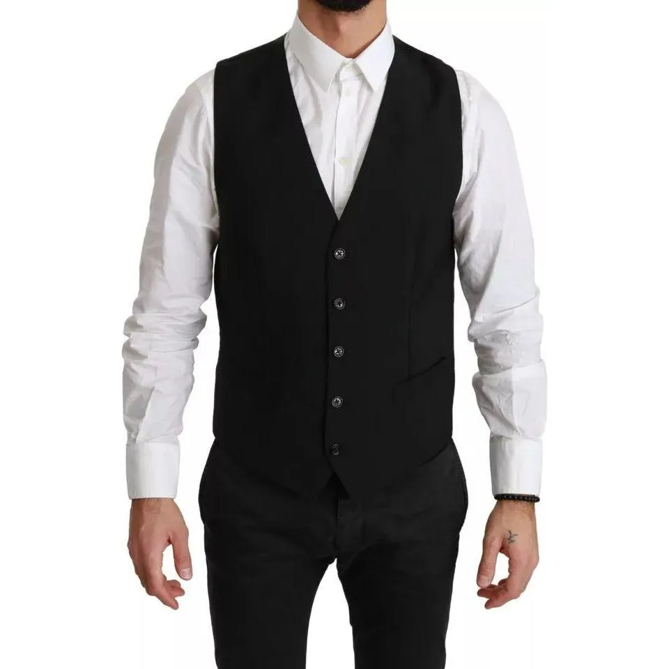 Dolce & Gabbana Black Stretch Waistcoat Formal Dress Wool Vest