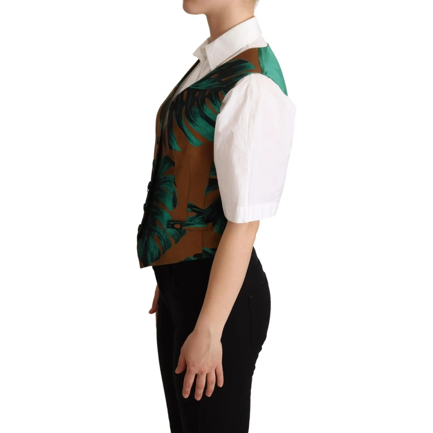 Dolce & Gabbana Elegant Green Leaf Print Waistcoat