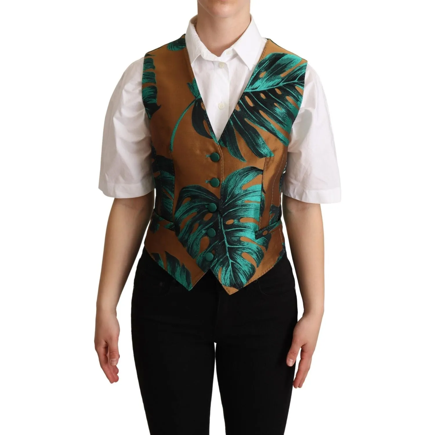 Dolce & Gabbana Elegant Green Leaf Print Waistcoat