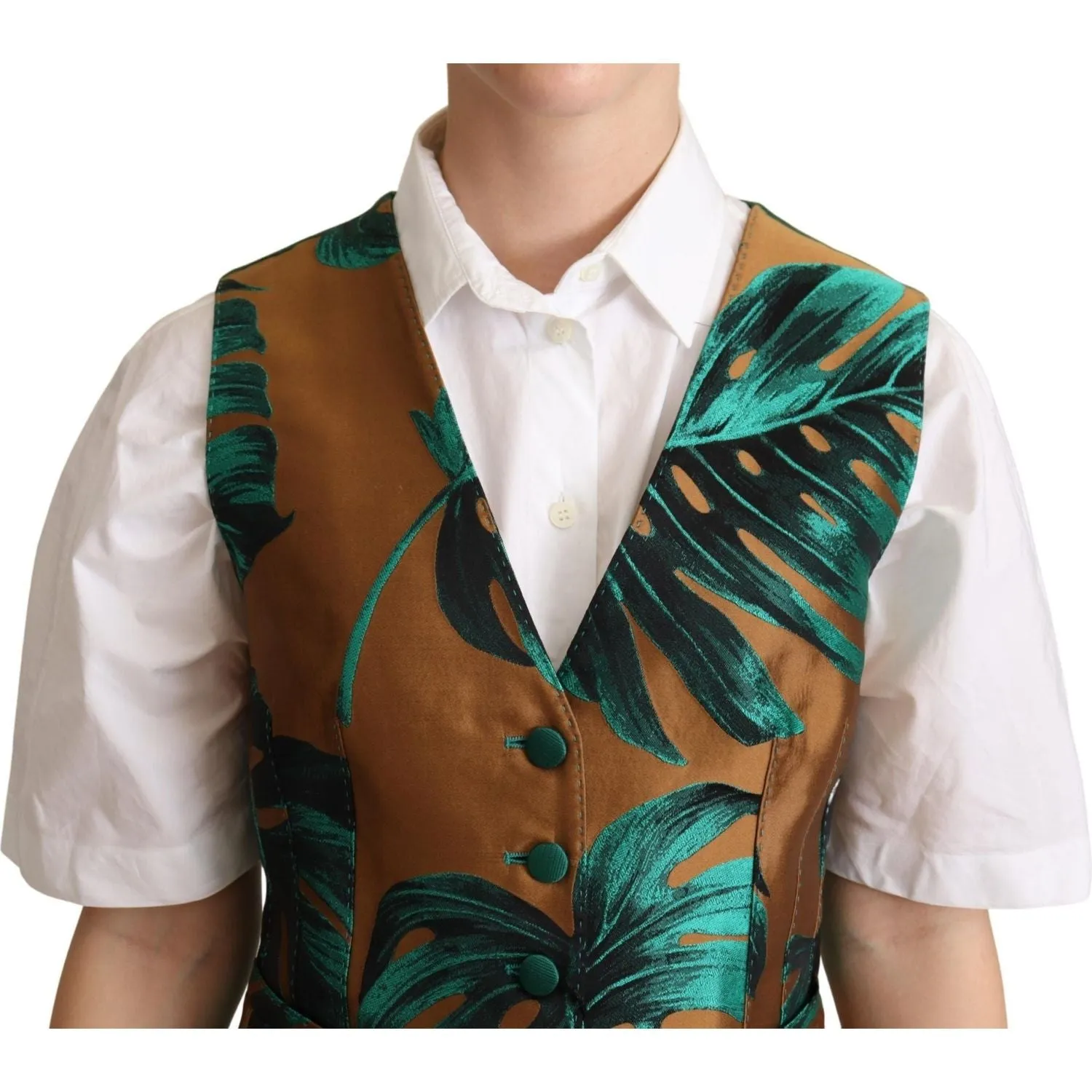 Dolce & Gabbana Elegant Green Leaf Print Waistcoat