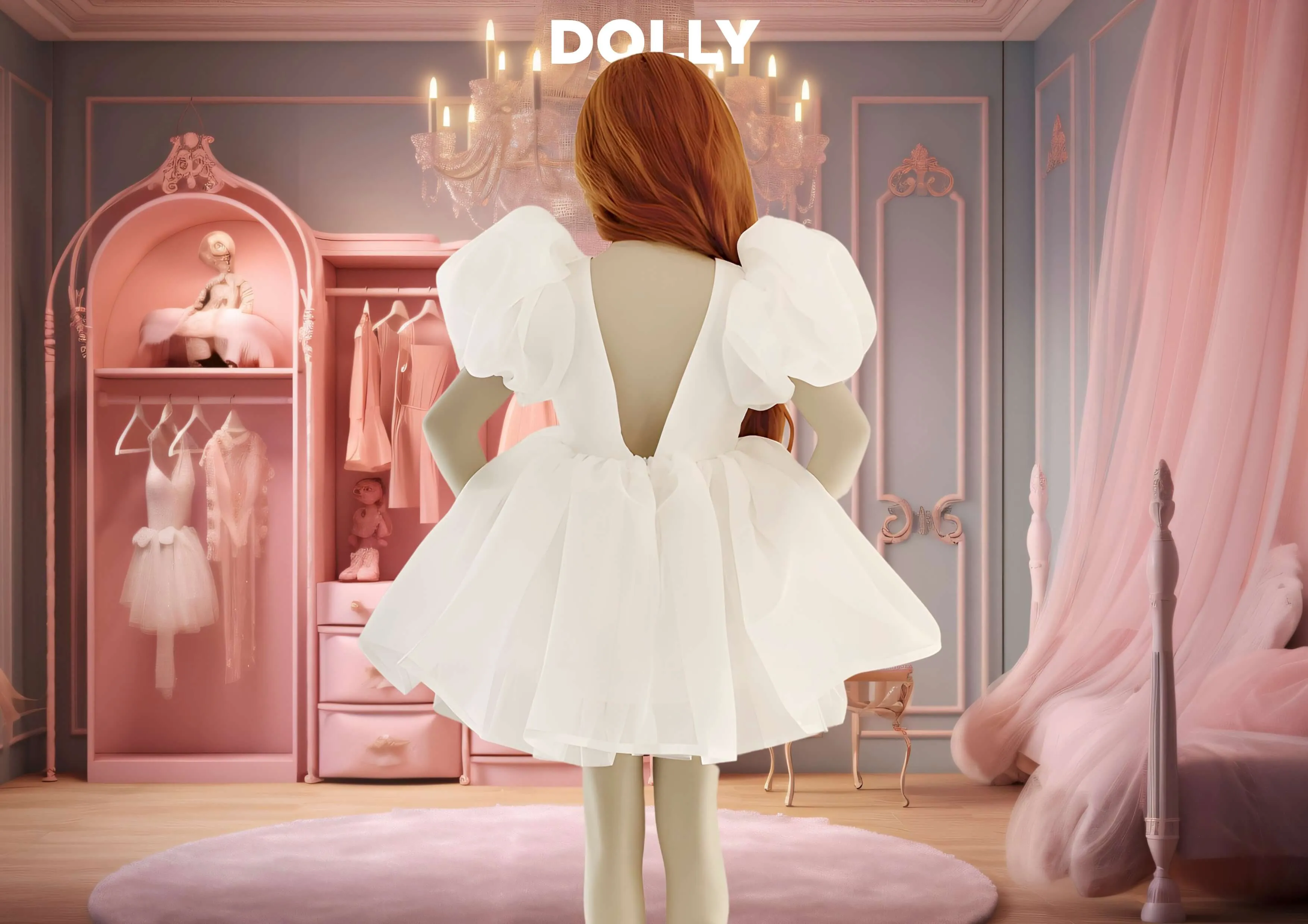 DOLLY WORLD V-BACK PUFF SLEEVE ORGANZA TUTU DRESS white