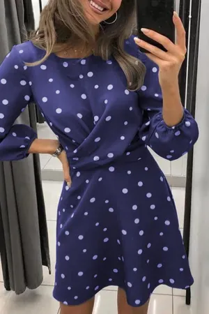 Dot O Neck Long Sleeve Mini Dress