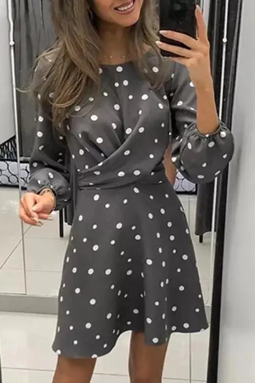 Dot O Neck Long Sleeve Mini Dress