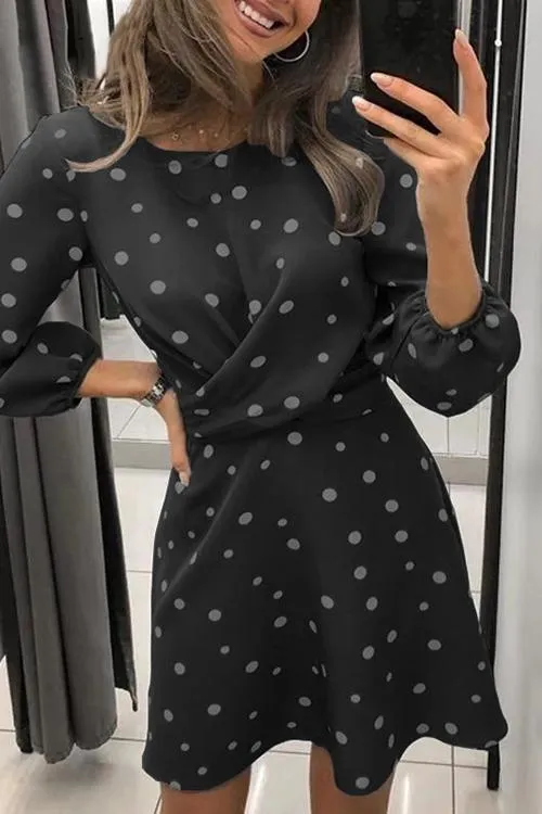 Dot O Neck Long Sleeve Mini Dress