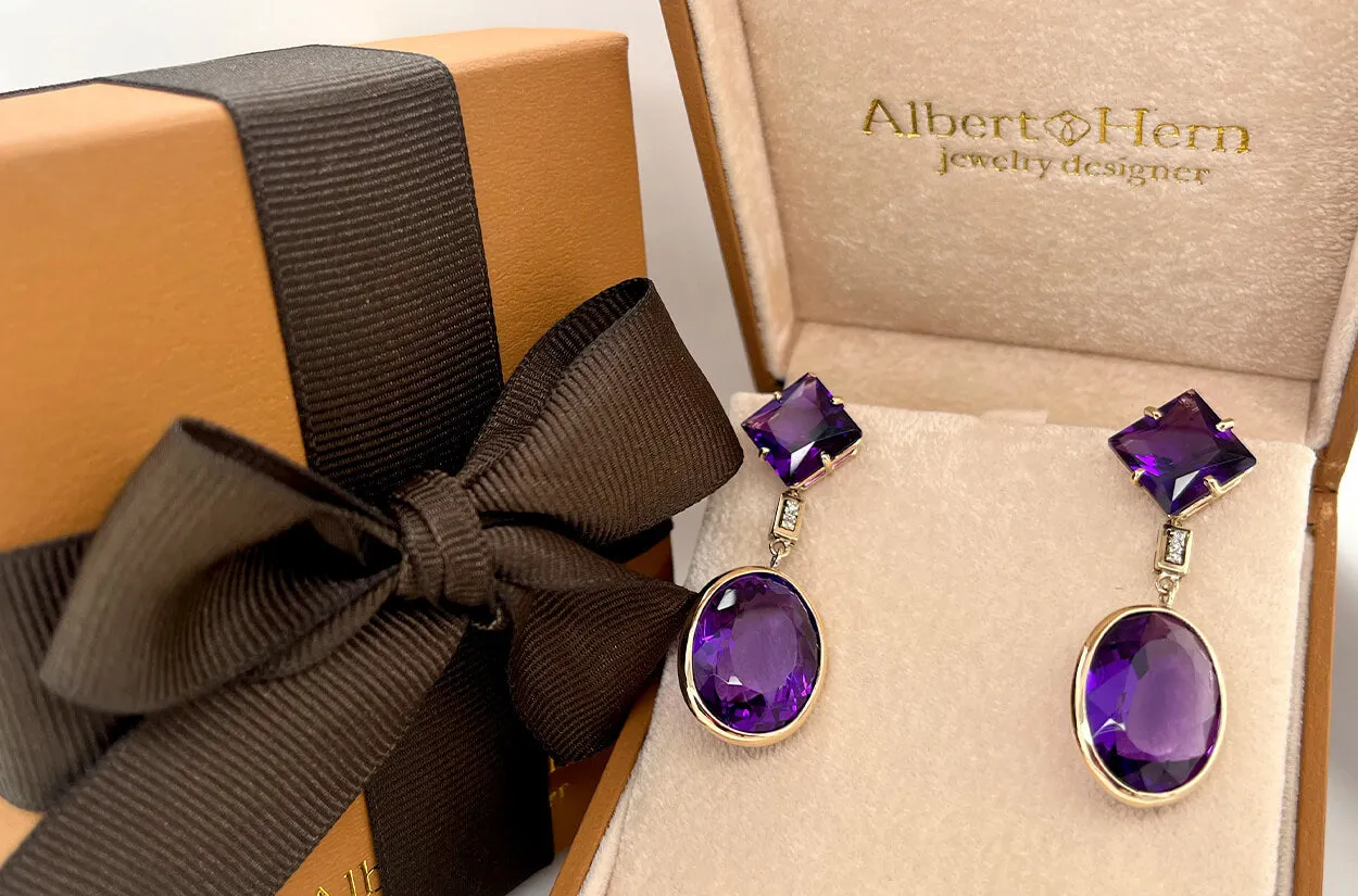 Earrings 14kt Gold Square & Oval Amethysts with Diamonds