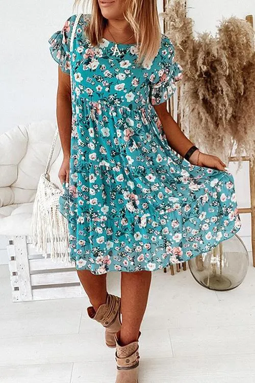 Floral Print Ruffles Midi Dress