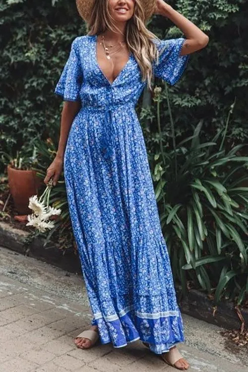 Floral Print Short Sleeve Maxi Dress