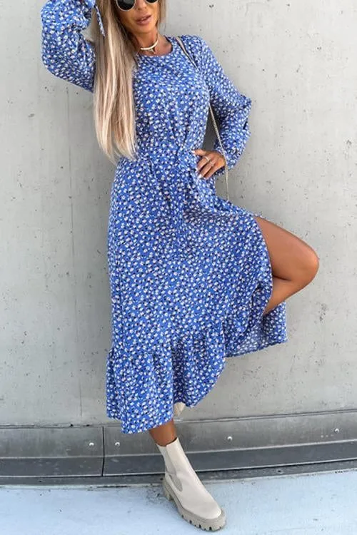 Floral Print Tie Long Sleeve Slit Maxi Dress