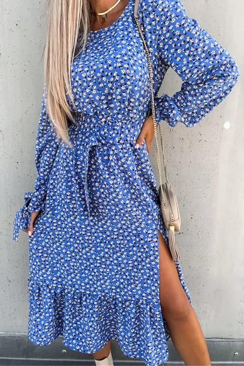 Floral Print Tie Long Sleeve Slit Maxi Dress