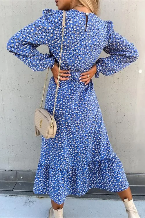 Floral Print Tie Long Sleeve Slit Maxi Dress