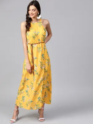 Floral Strappy In-cut Maxi Dress With Belt