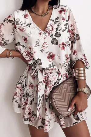 Floral V Neck Belted Mini Dress