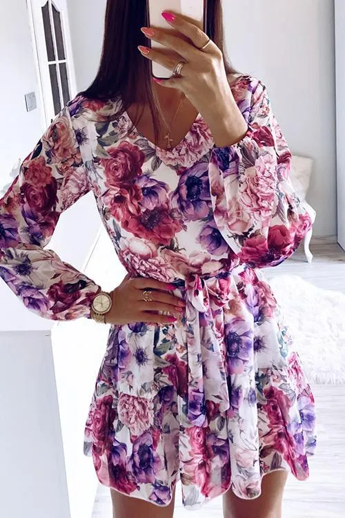 Floral V Neck Belted Mini Dress