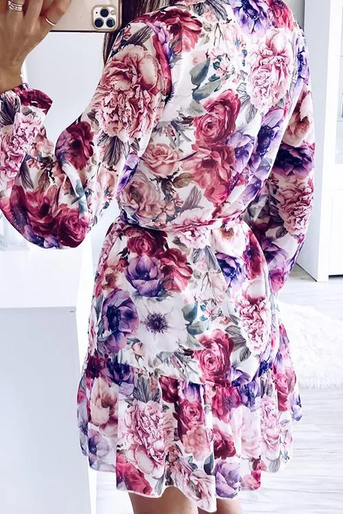 Floral V Neck Belted Mini Dress