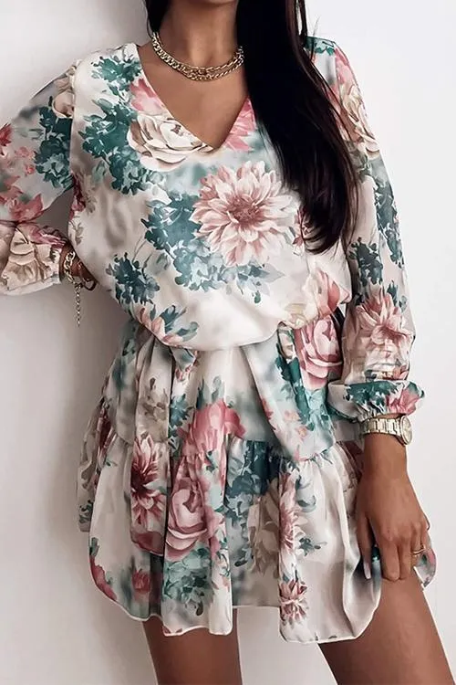 Floral V Neck Belted Mini Dress