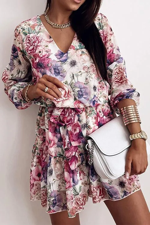 Floral V Neck Belted Mini Dress