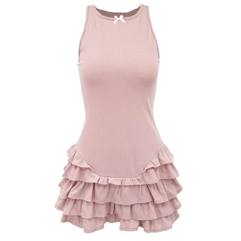 Frill Tank Dress For Women Sexy See-through Sleeveless Slim Solid Vest Mini Dress Ribbed Ruffled Bodycon Dresses Summer