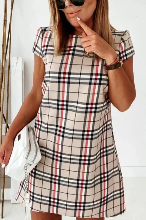 Grid Short Sleeve Bodycon Mini Dress