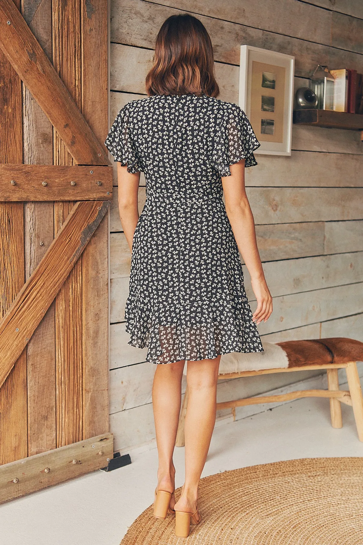 Imogen Short Sleeve Black Floral Chiffon Dress