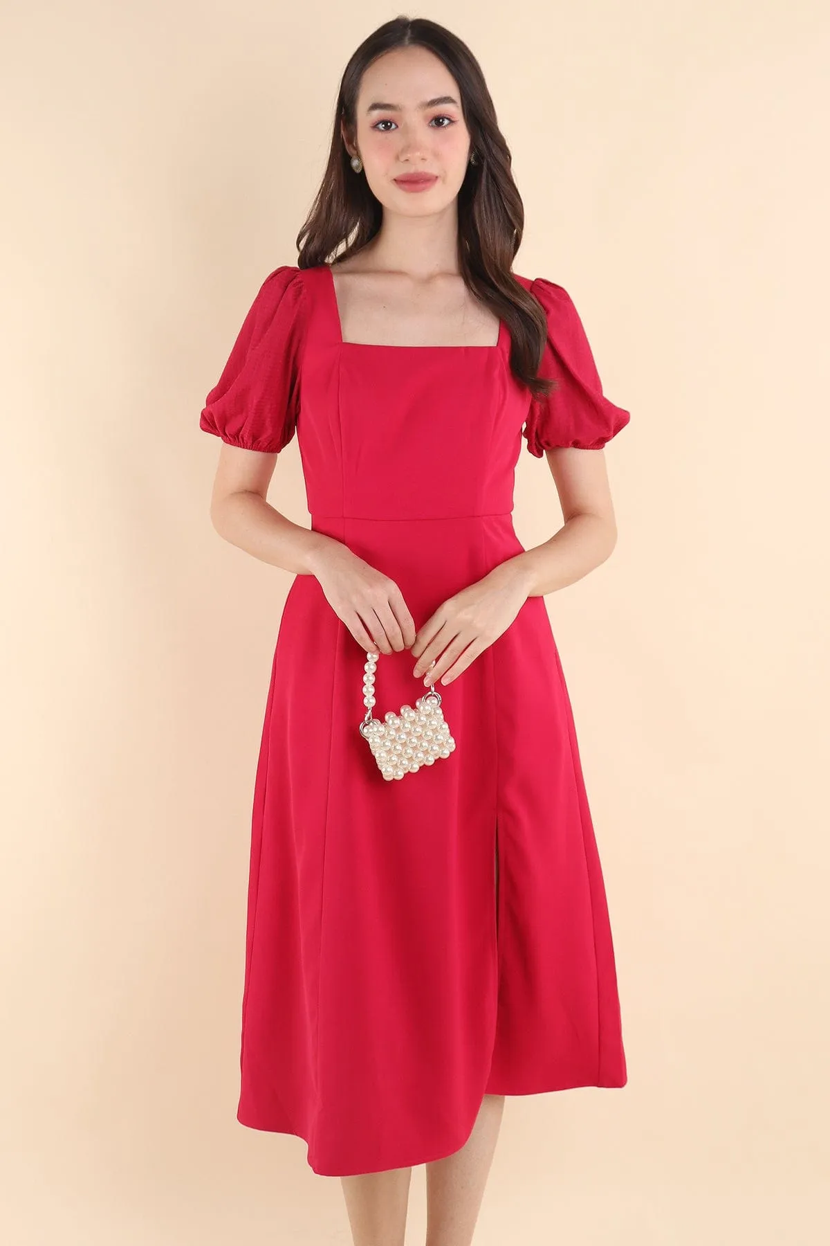 JANELYN SLEEVE MIDI DRESS IN BARBIE PINK